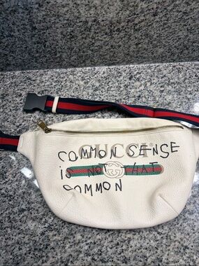 Gucci White Leather Belt Bag with Green and Red Web Stripe and Navy-Red Strap